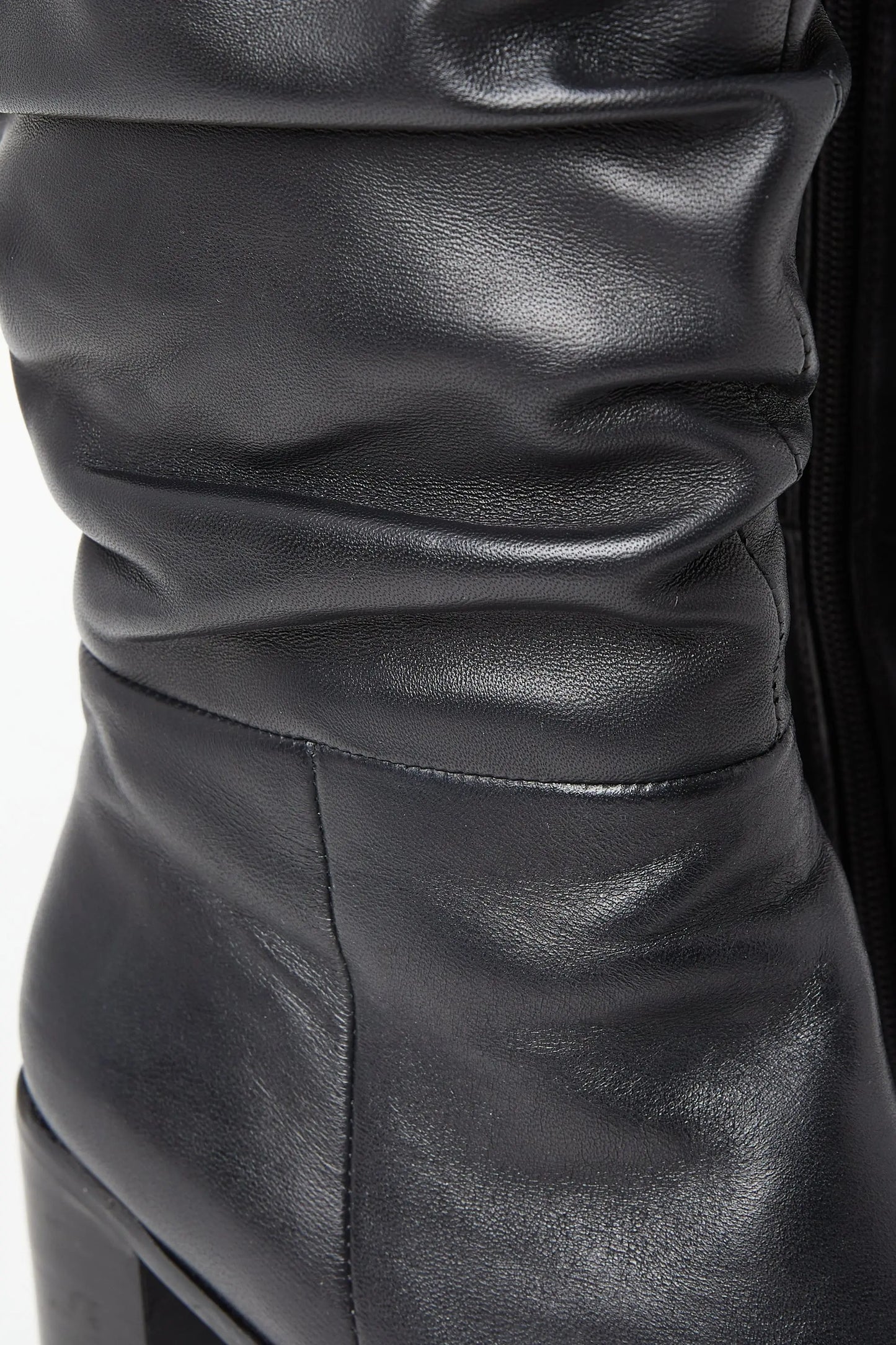 Edit No9. Close up of black leather ruched knee boots. Large sizes.